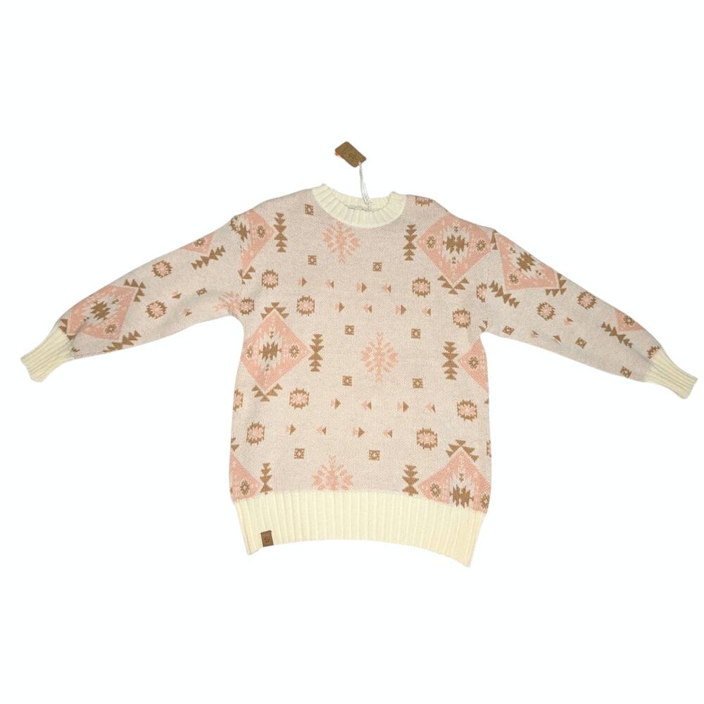 Simply Southern Cozy Crew Geometric Aztec Knit Sweater Cream Pink Medium NWT